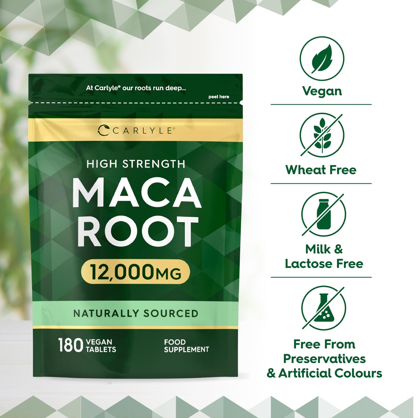 Maca Root Tablets 12,000mg | Naturally Sourced & High Strength Maca Root Extract | 180 Vegan Tablets | Supplement for Men & Women | by Carlyle