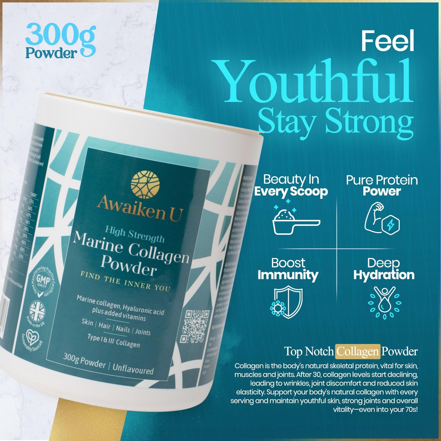 High Strength Marine Collagen Powder with Hyaluronic Acid–Unflavoured Hydrolysed Collagen Peptides Type 1 & 3 Biotin, VIT C & B Complex –10g per Scoop-300g- UK Made- AwaikenU
