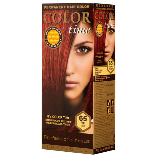 Color time COLOR TIME | Permanent Gel Hair Dye Fiery Red Color 65 | Enriched with Royal Jelly and Vitamin C | Permanent Hair Color | Covers Gray Hair | 100 ML