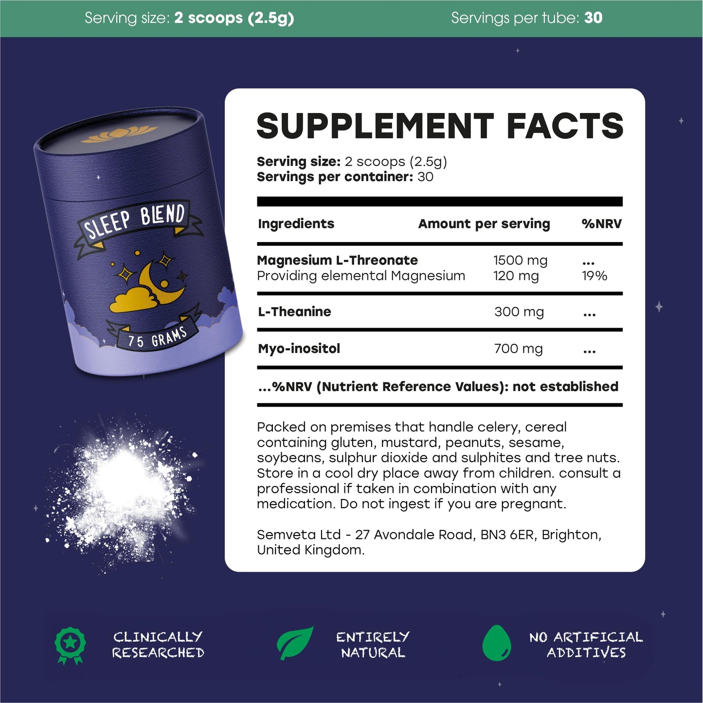 SEMVETA SPIRIT AND BODY Semveta Sleep Blend (75g) - Magnesium Sleep Supplement w/Magnesiumn L-threonate, L-theanine and Myo-Inositol