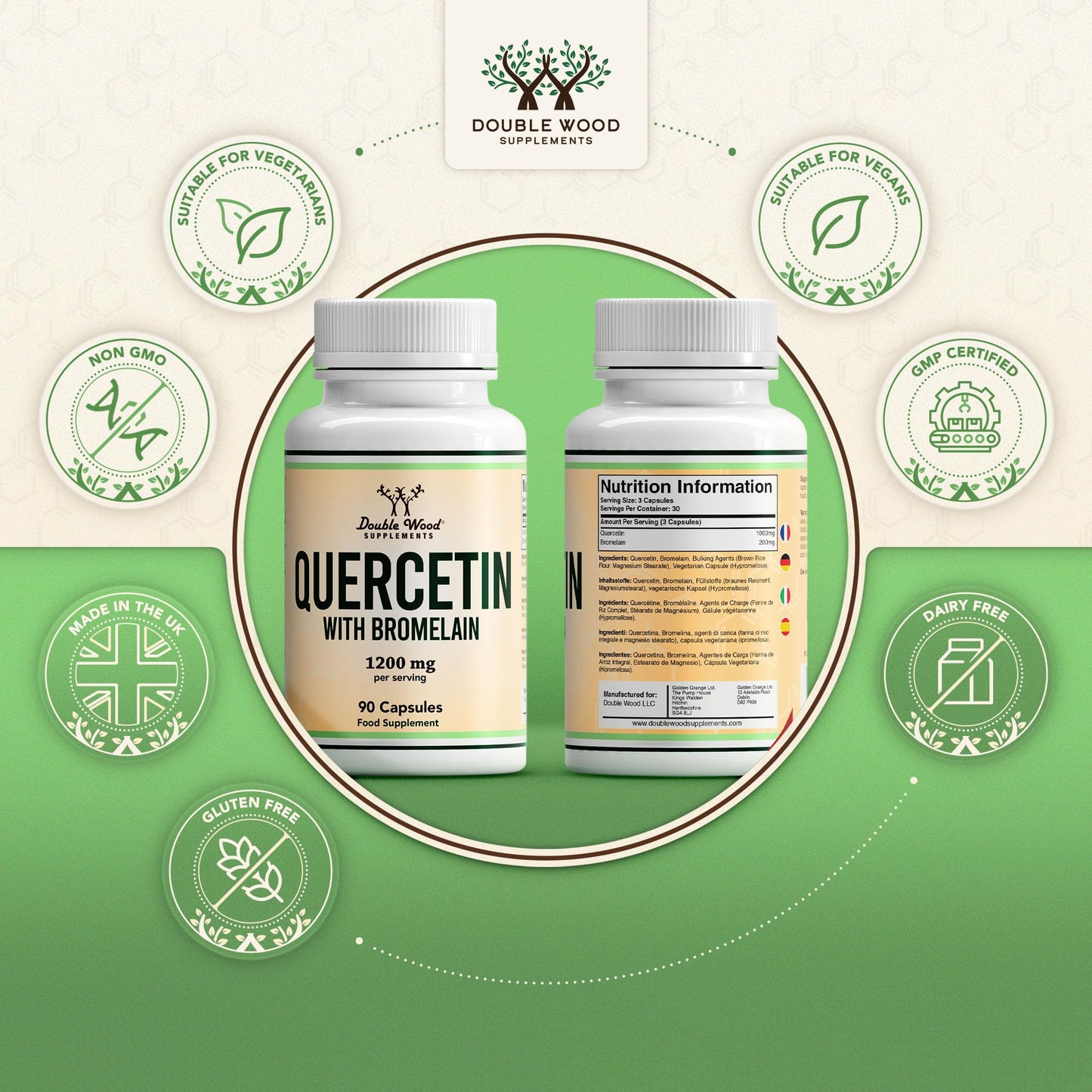 Double Wood Supplements Double Wood Quercetin 1000mg with Bromelain 200mg – 90 Vegan Capsules (30 Day Supply) – Immune Support, Antioxidant, Respiratory, Mucus & Allergy Relief – Non-GMO, UK Made