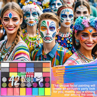 Zefphxs Face Painting Kit, 42 Colors Body Paint With 10 Pcs Brushes, Safe & Non-Toxic Washable for Children Adults Halloween Christmas Party