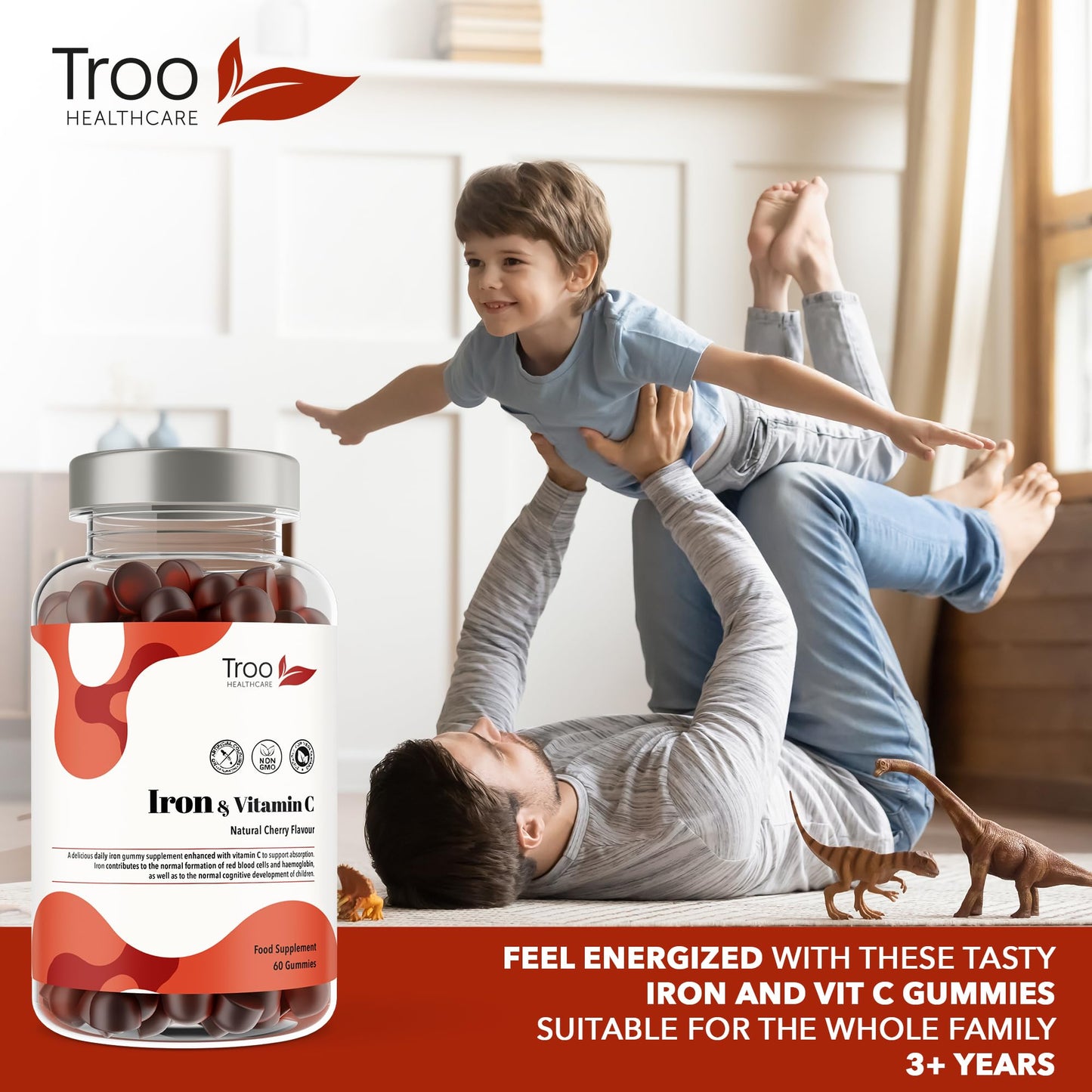 Troo Health Care Iron & Vitamin C - 60 Natural Cherry Flavour Gummies - Tasty Chewable Supplement for Men, Women and Kids - Increased Absorption Supports Cognitive Development & Red Blood Cell Formation
