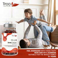 Troo Health Care Iron & Vitamin C - 60 Natural Cherry Flavour Gummies - Tasty Chewable Supplement for Men, Women and Kids - Increased Absorption Supports Cognitive Development & Red Blood Cell Formation
