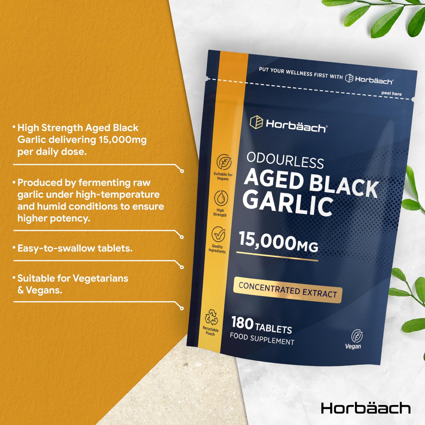 Horbäach Black Garlic Tablets 15,000mg | 180 Count | High Strength Odourless Concentrated Extract (100:1) | Aged Black Garlic Vegan Supplement | by Horbaach