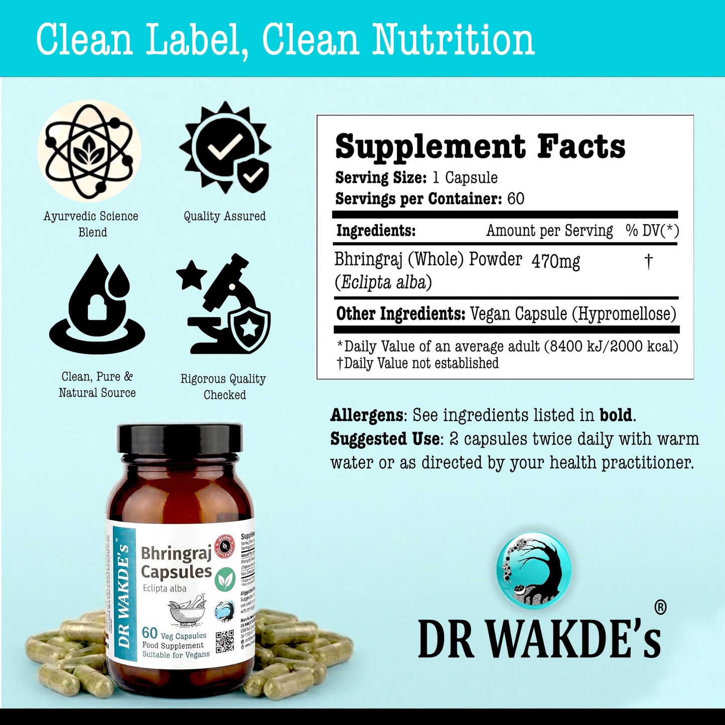 DR WAKDE's DR WAKDE'S Bhringraj Capsules for Hair Growth & Liver Support | Eclipta Alba | 60 Veg Caps | Pure Ayurvedic Herb | Zero Additives, Zero Fillers | Vegan | Made in UK