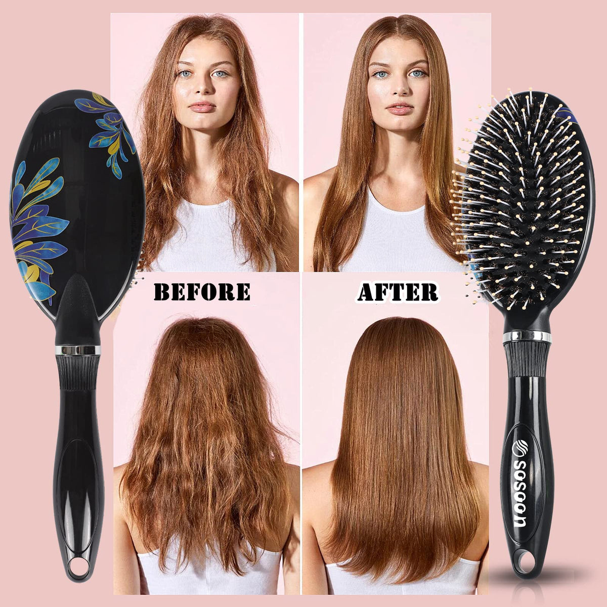 Hair Brush, Sosoon Boar Bristle Hair Brushes for Women Men Kids Thick Curly Dry Wet Hair, Smoothing Detangling Hairbrush Adds Shine and Improves Hair Texture with Hair Comb (Black)