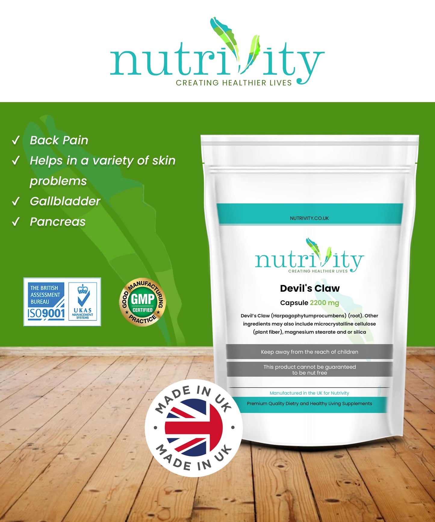 Devil's Claw 2200mg Joints Aches Support Supplement by Nutrivity 30 Capsules