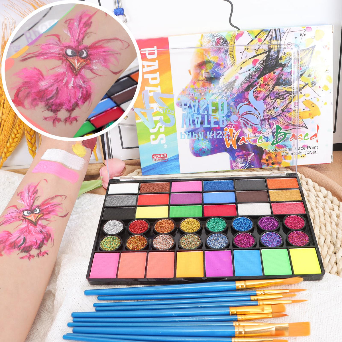 Zefphxs Face Painting Kit, 42 Colors Body Paint With 10 Pcs Brushes, Safe & Non-Toxic Washable for Children Adults Halloween Christmas Party