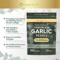 Odourless Garlic Capsules 15000mg | 365 Count | High Strength Garlic Oil | One Year Supply | No Artificial Preservatives | by Carlyle
