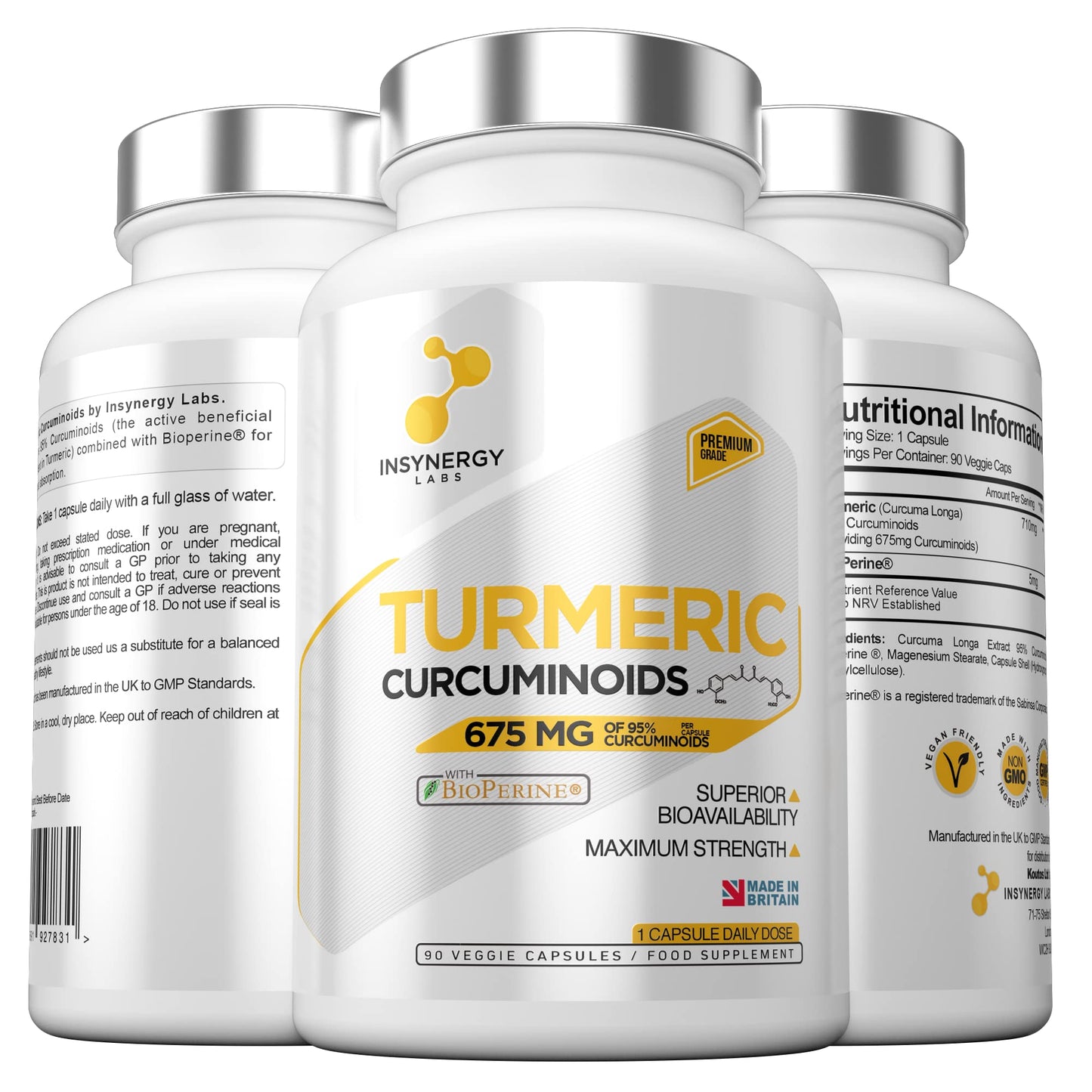 Insynergy Labs Ultra Premium Pure Turmeric Extract Capsules | Highest Strength in The UK | Pure Turmeric Curcumin Capsules and Black Pepper (Bioperine) | 3 Month Supply Vegan Capsules