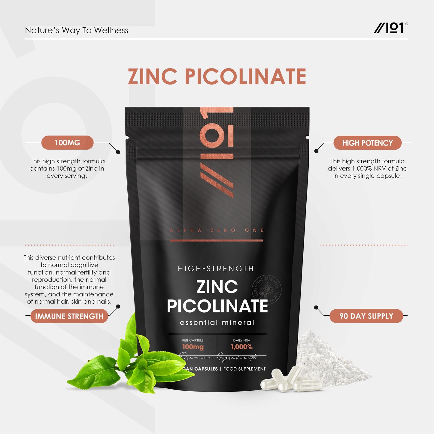 ALPHA01 Zinc Picolinate 100mg - Immune Suport Elemental Zinc Picolinate - 90 Vegan Capsules (3 Months Supply) - Resealable and Recyclable Pouch By Alpha01