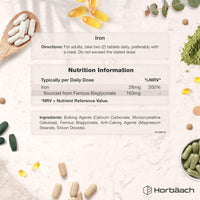 Horbäach Iron Tablets High Strength 28mg | 500 Tablets (8+ Months Supply) | Highly Bioavailable | Elemental Iron from 163mg Ferrous Bisglycinate | Vegan | Supplement for Men & Women | by Horbaach