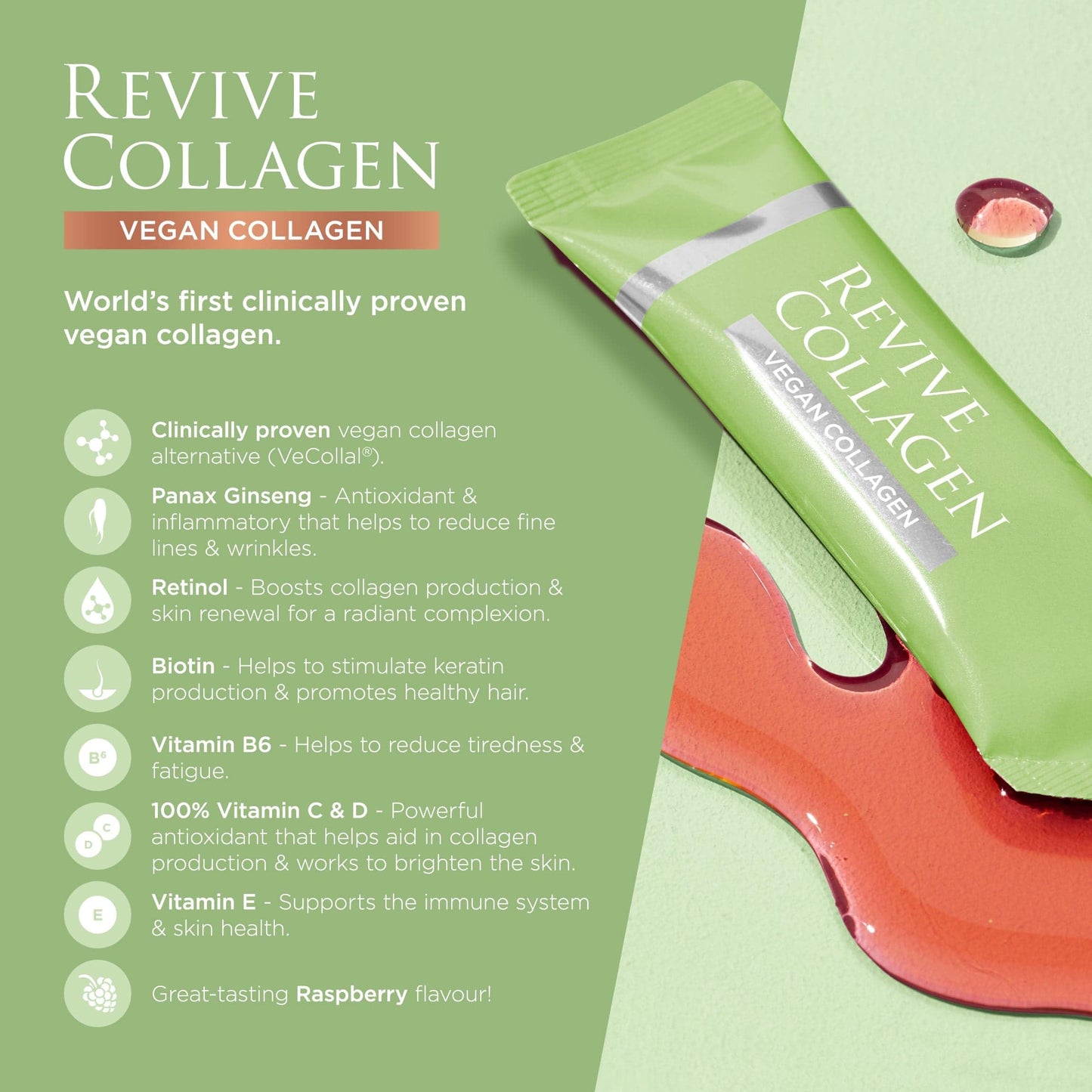 Revive Collagen 2500mg Plant Based Vegan Collagen with Added Vitamin B, C, D & E, Improved Skin, Hair & Nails | Raspberry Flavour | 14 Days