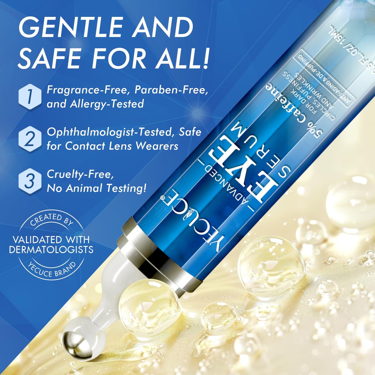 5% Caffeine Eye Cream Anti Aging - Eye Serum for Dark Circles and Puffiness, with Retinol Hyaluronic Acid Niacinamide, Under Eye Cream for Eye Bags Treatment with 360° Eye Roller Ball for Women & Men