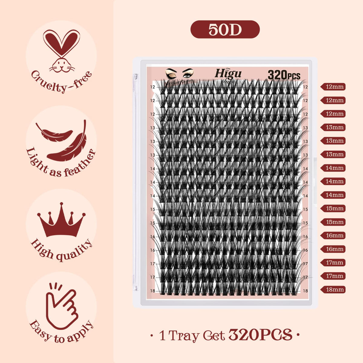 Higu clace Individual Lashes Cluster 320pcs, D curl Lash Clusters 50D DIY Individual Eyelashes 12-18mm Mixed,Wispy Lash Extension Clusters Reusable False Lashes Clusters(50D Dcurl 12-18mm)