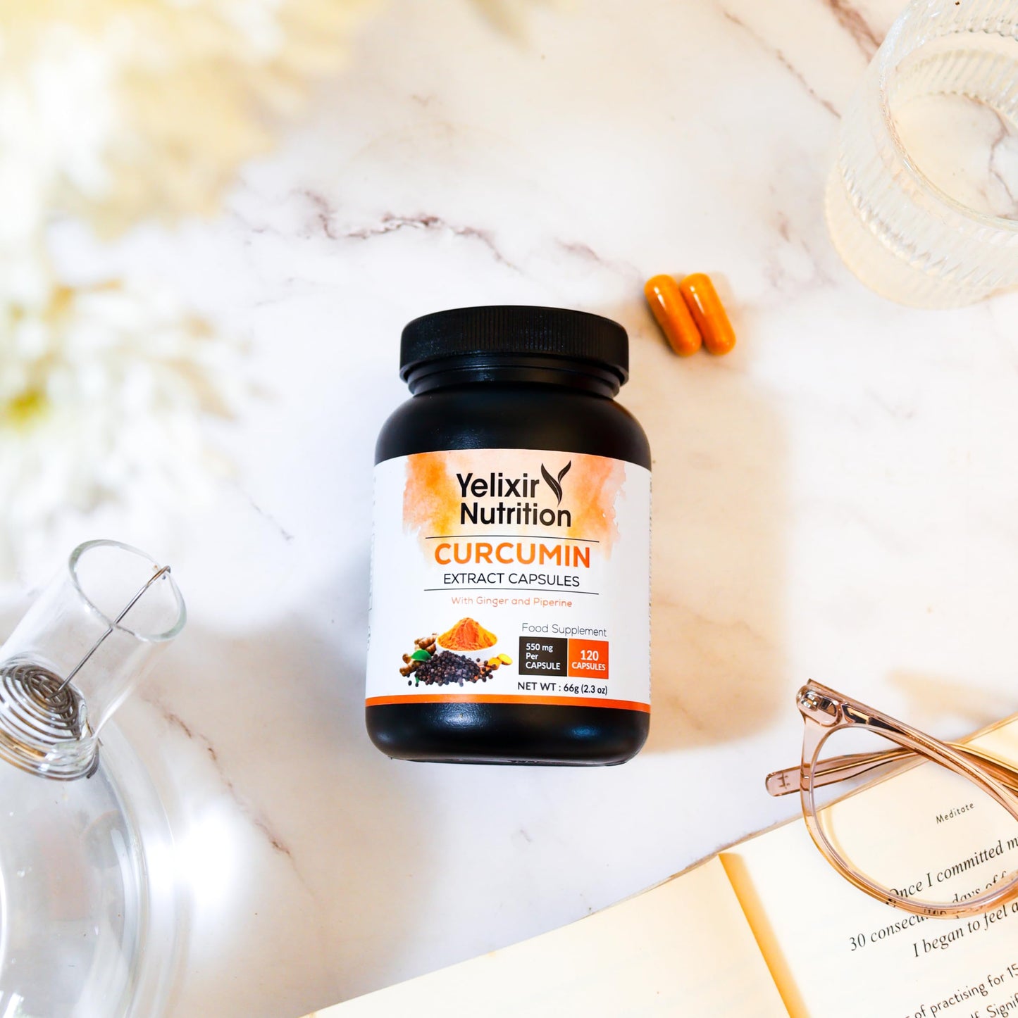Yelixir Nutrition Curcumin Capsules 120 nos, Curcumin 95% Extract with High Strength Ginger and Black Pepper Extract, 550 mg per Vegetarian Capsule