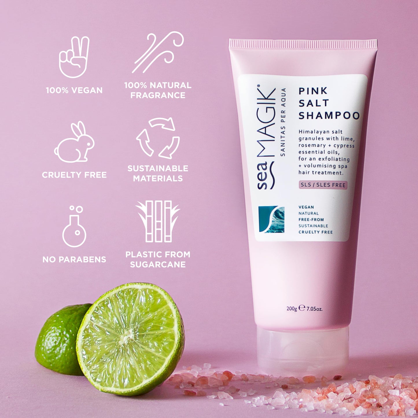 Sea Magik - Himalayan Pink Salt Shampoo for Greasy Hair and Fine Hair, Natural Clarifying Shampoo, Exfoliating and Volumising, with Strengthening Seaweed, Sulfate Free, Vegan, Cruelty Free (200g)