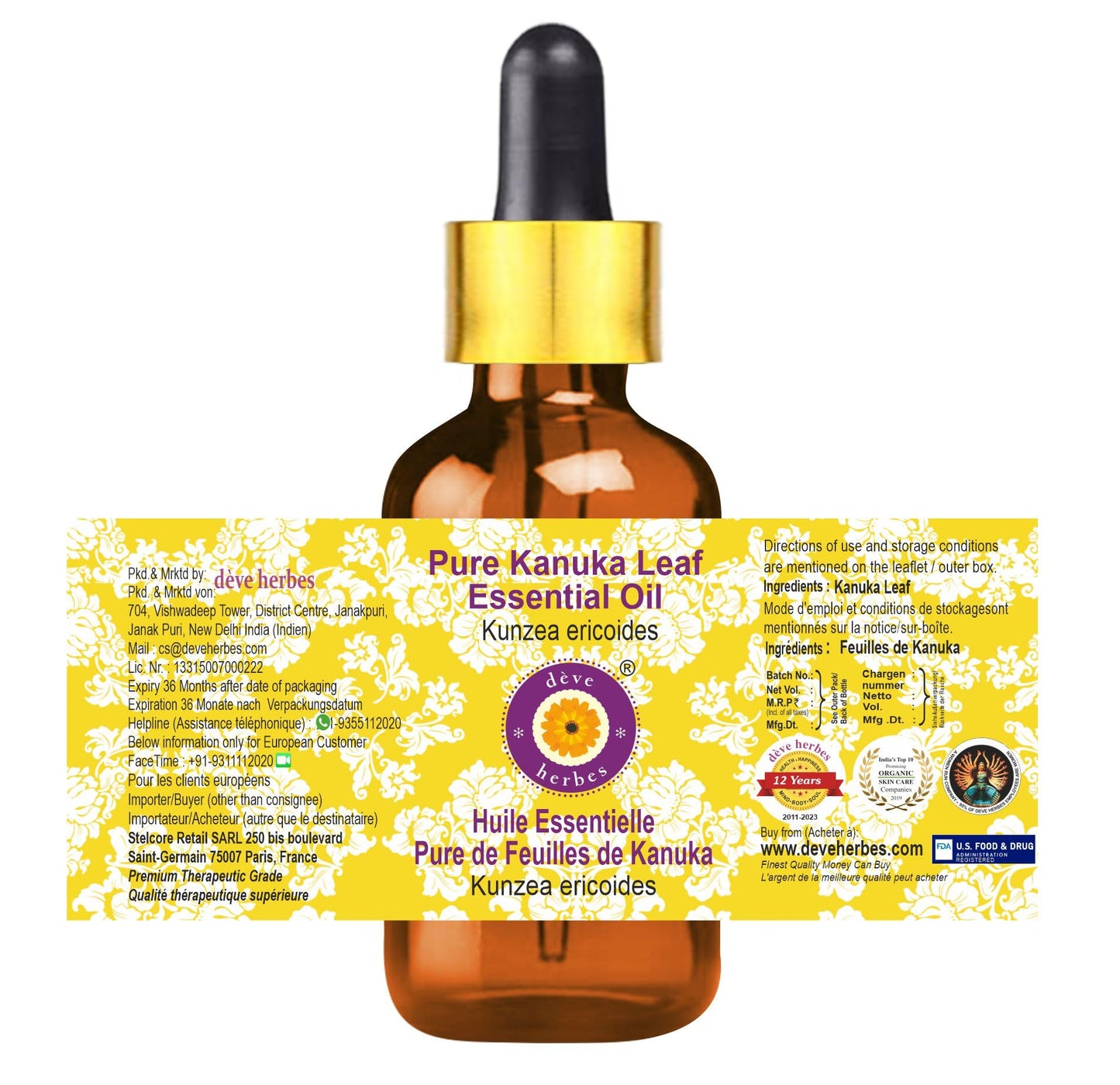 Deve Herbes Pure Kanuka Leaf Essential Oil (Kunzea ericoides) Steam Distilled with Glass Dropper 100ml (3.38 oz)