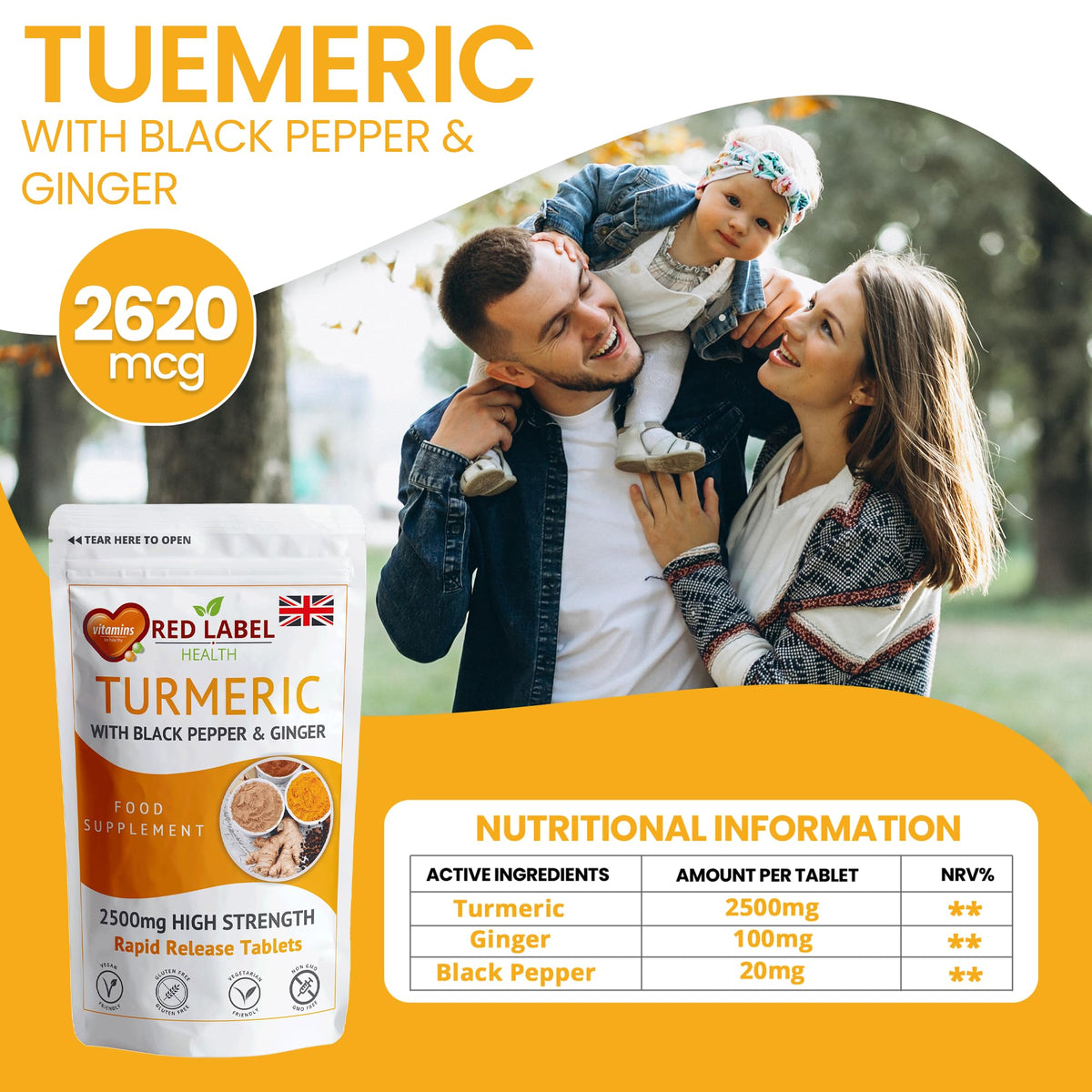 Red Label Health Turmeric 2620mg - 200 Tablets with Black Pepper and Ginger - High Strength Turmeric Supplements Not Turmeric Capsules - 95% Curcumin | Vegetarian | Vegan | Made in UK.