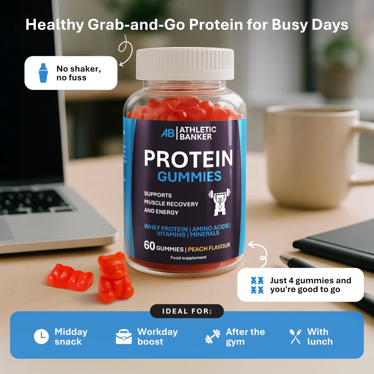 Whey Protein Gummies – Peach Flavour, 6g Protein per Serving, Low Sugar – Vegetarian Protein Supplement with Amino Acids, Vitamins & Minerals for Muscle Recovery – 60 Gummies – Formulated in The UK