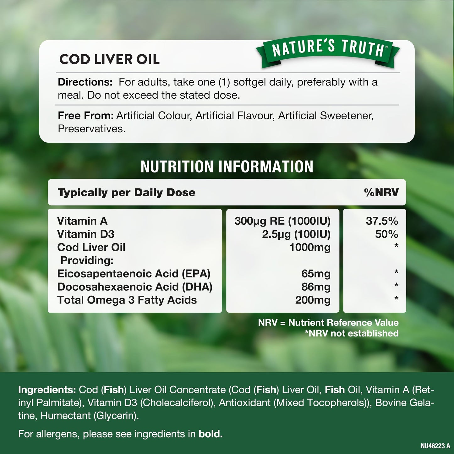 Nature's Truth Cod Liver Oil 1000mg - 60 Softgels - with Vitamin D & A