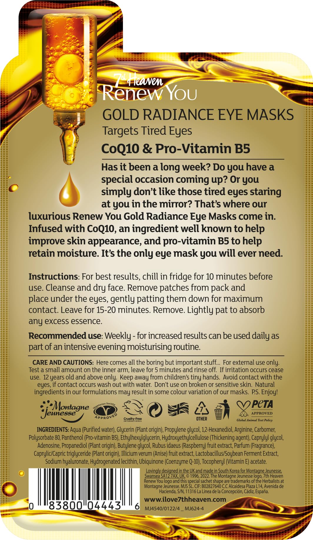 7th Heaven Renew You Gold Radiance Under Eye Mask, Pack of 6 Pairs - with CoQ10 and Pro-Vitamin B5 to Target Tired Eyes