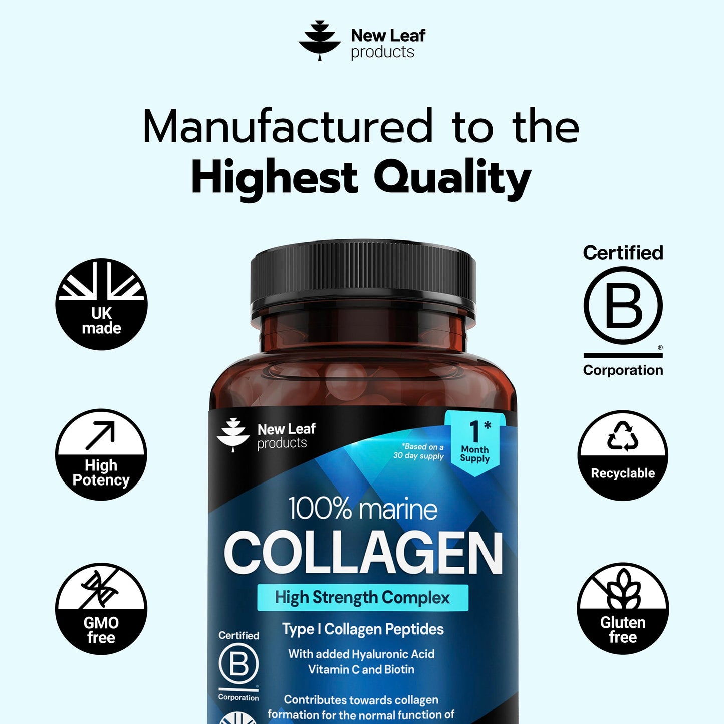 NEW LEAF PRODUCTS Pure Marine Collagen 100% Marine Collagen Type 1 Hydrolysed Collagen Peptides Enhanced with Hyaluronic Acid & Vitamin C -Essential Amino Acids - Collagen Supplements for Women and Men, 60 Capsules