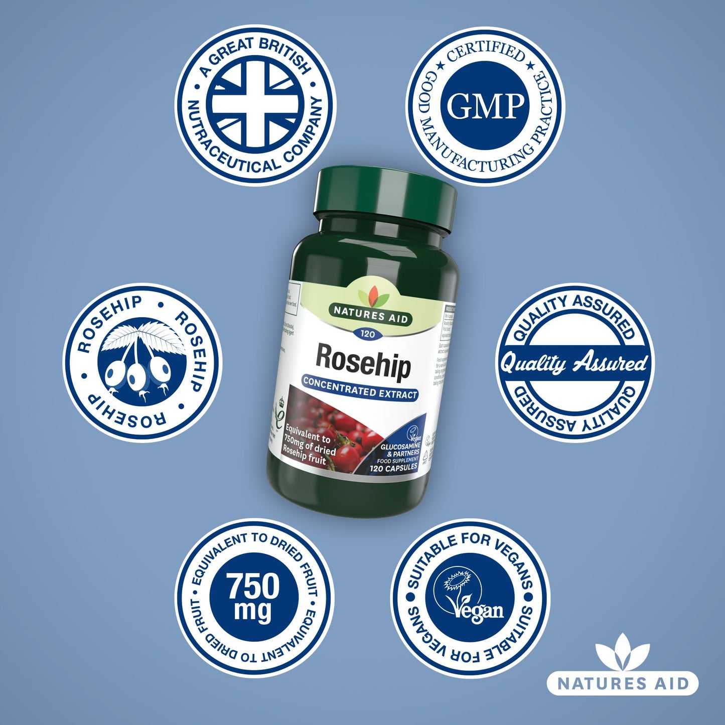 Natures Aid Rosehip 750mg 120 Capsules – High Strength Rosa Canina Extract for Joint Support, 3000mg Equivalent of Dried Fruit, Vegan, Gluten-Free, Vegetarian, No Gummies or Tablets