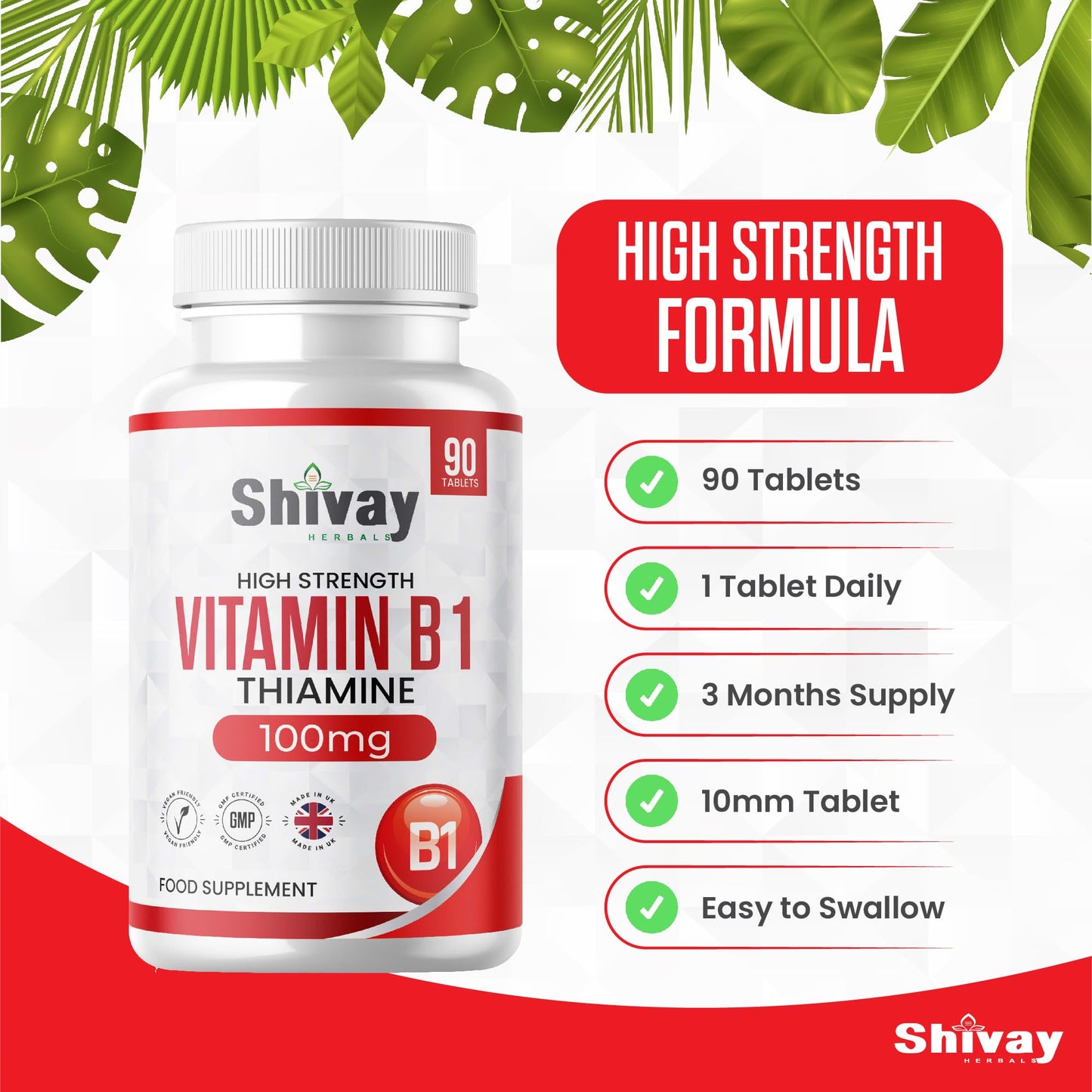 Vitamin B1 Thiamine 100mg Supplement | 90 Vegan Tablets | 3 Months Supply | Supports Heart, Nervous, Immune Function | Made in The UK - Shivay Herbals