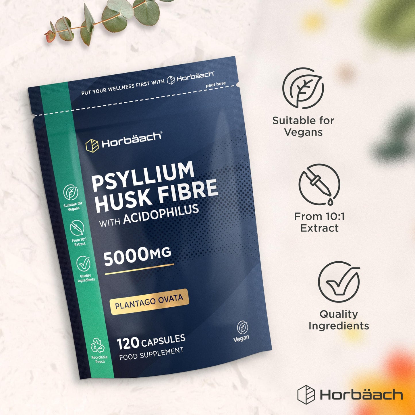 Horbäach Psyllium Husk Capsules 5000mg with Acidophilus | Natural Soluble Fibre Supplement with Biotic | Plantago Ovata Seed Husk Extract | 120 Vegan Capsules | by Horbaach