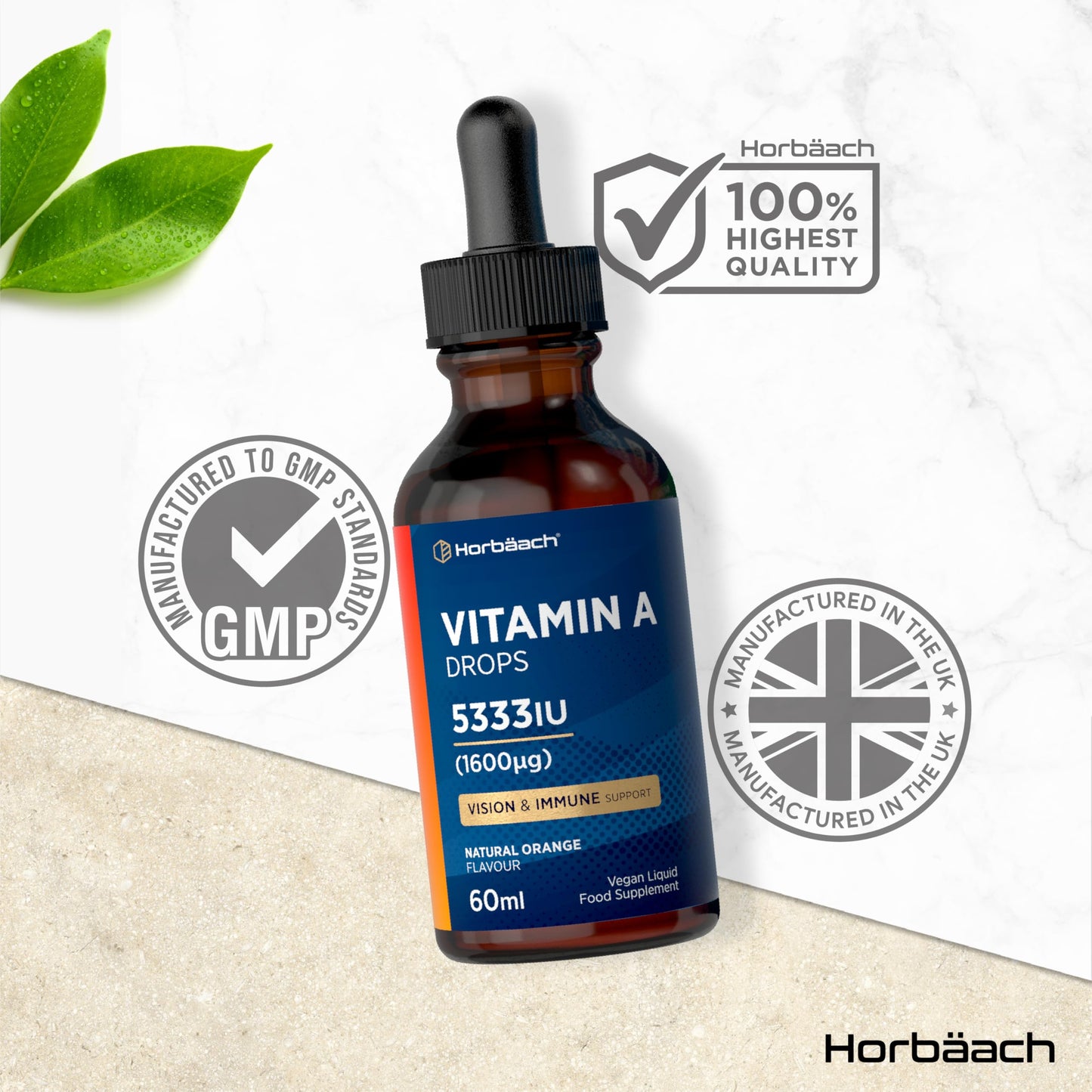 Horbäach Vitamin A Drops 5333IU | 60 mL | High Strength Vitamin A as Retinol Palmitate | Vegan Liquid Oral Supplement for Adults | Orange Flavour | By Horbaach
