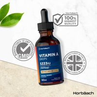 Horbäach Vitamin A Drops 5333IU | 60 mL | High Strength Vitamin A as Retinol Palmitate | Vegan Liquid Oral Supplement for Adults | Orange Flavour | By Horbaach