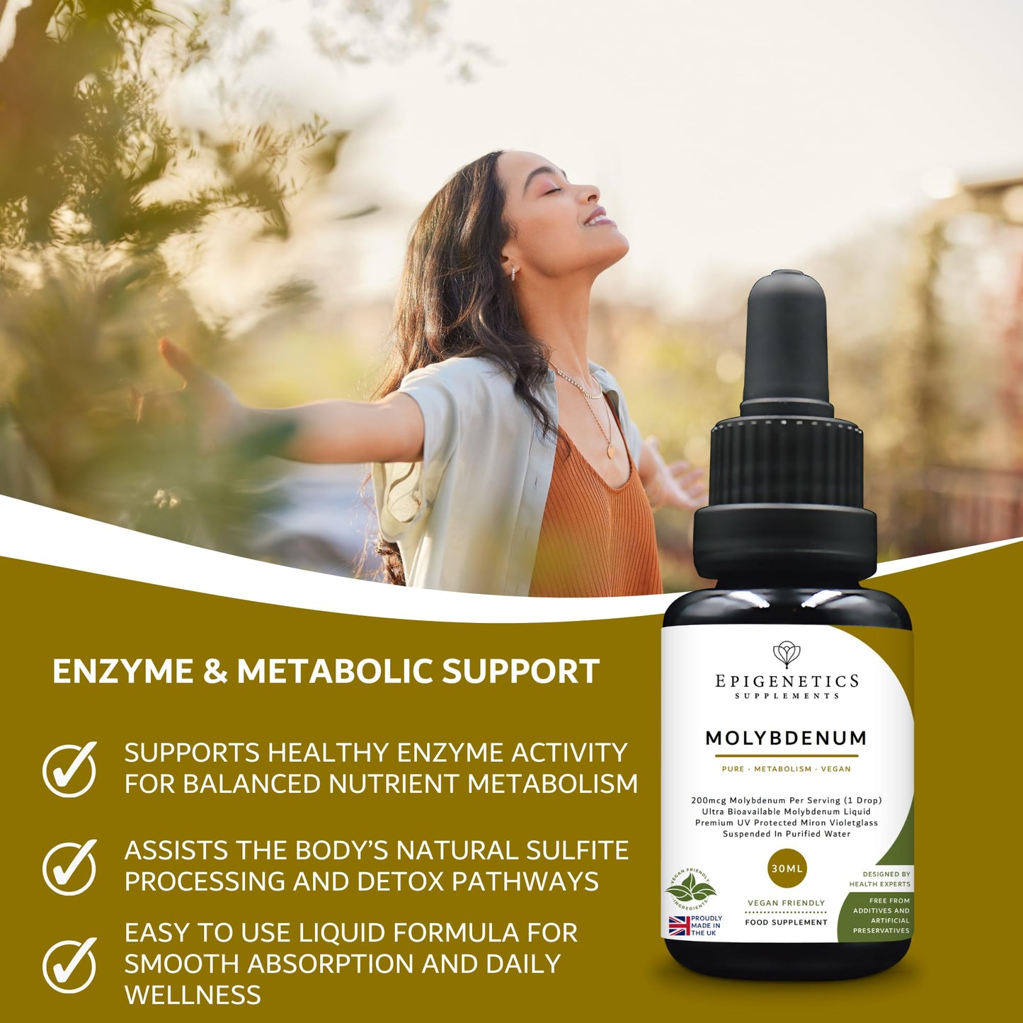 Epigenetics Molybdenum Liquid Supplement 30ml | 200mcg Per Drop | Highly Bioavailable | 6-Month Supply Without additives or flavourings | Made in The UK & Vegan Friendly