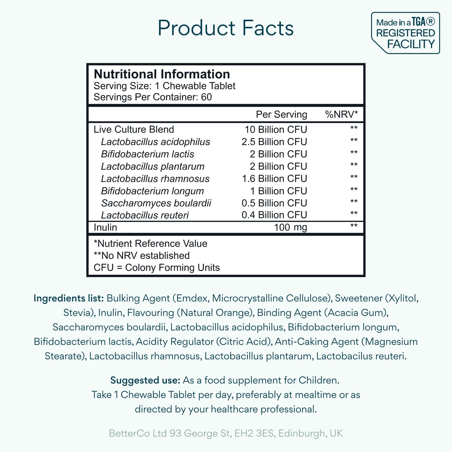 Bettervits Kids Probiotic Complex – 10 Billion CFU | Probiotics for Children 10-16 years old - Gut Health and Immunity Support | Maintains Healthy Digestion | 60 Chewable Orange-Flavored Tablets.
