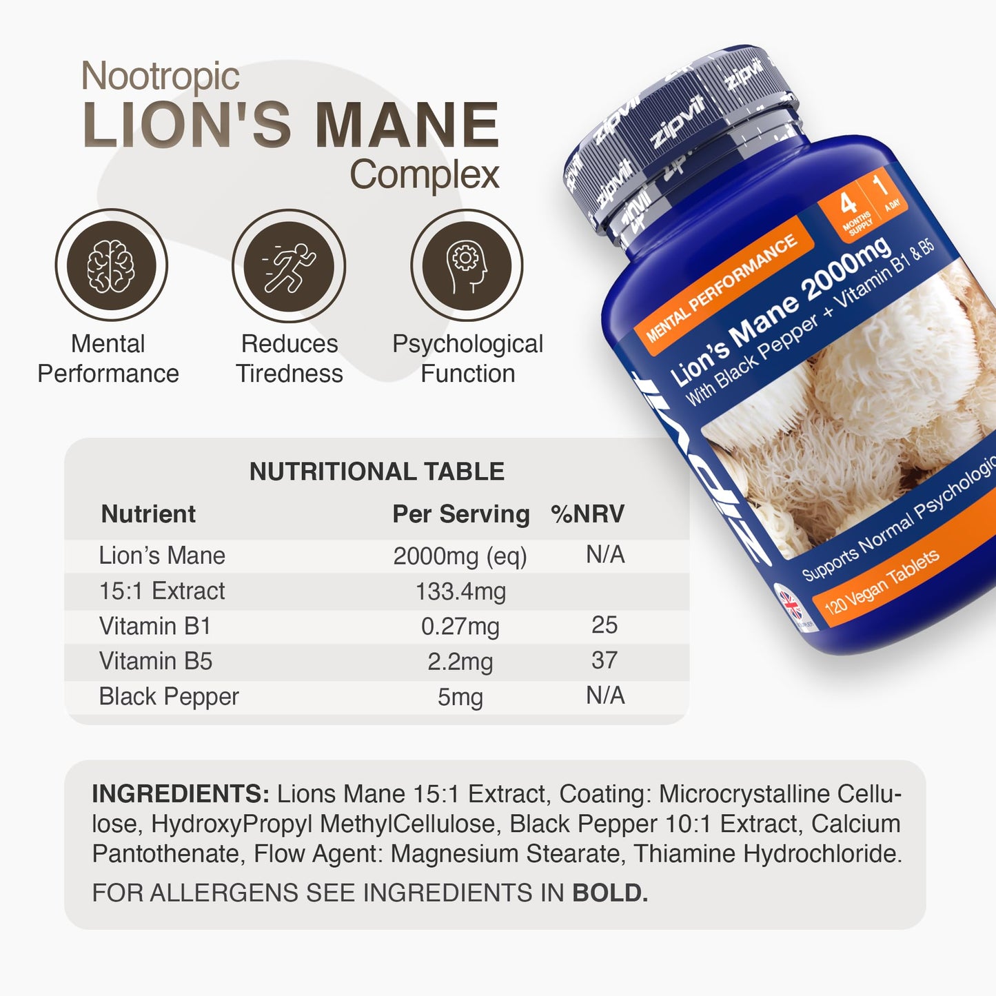 Zipvit Lions Mane Supplement 2000mg with B1, B5 & Black Pepper, 4 Months Supply, Lions Mane Mushroom 15:1 Extract, Supports Mental Performance, 120 Vegan Tablets