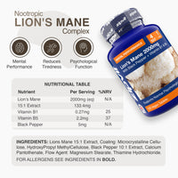 Zipvit Lions Mane Supplement 2000mg with B1, B5 & Black Pepper, 4 Months Supply, Lions Mane Mushroom 15:1 Extract, Supports Mental Performance, 120 Vegan Tablets