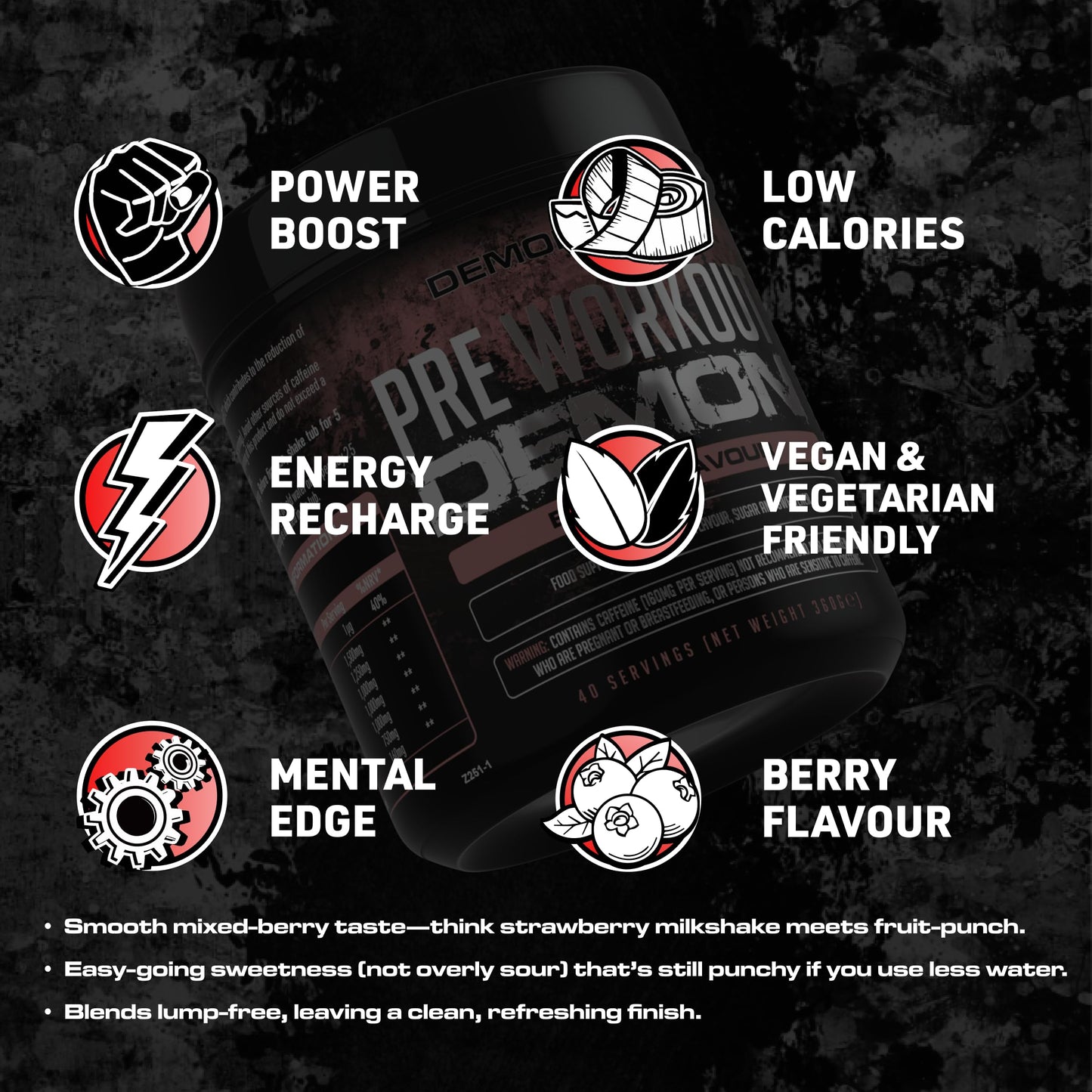DEMON LABZ Pre Workout Demon - Advanced Pre-Workout Energy Powder with Creatine, Caffeine, Beta-Alanine & Glutamine, Berry Blast, 360g - 40 Servings