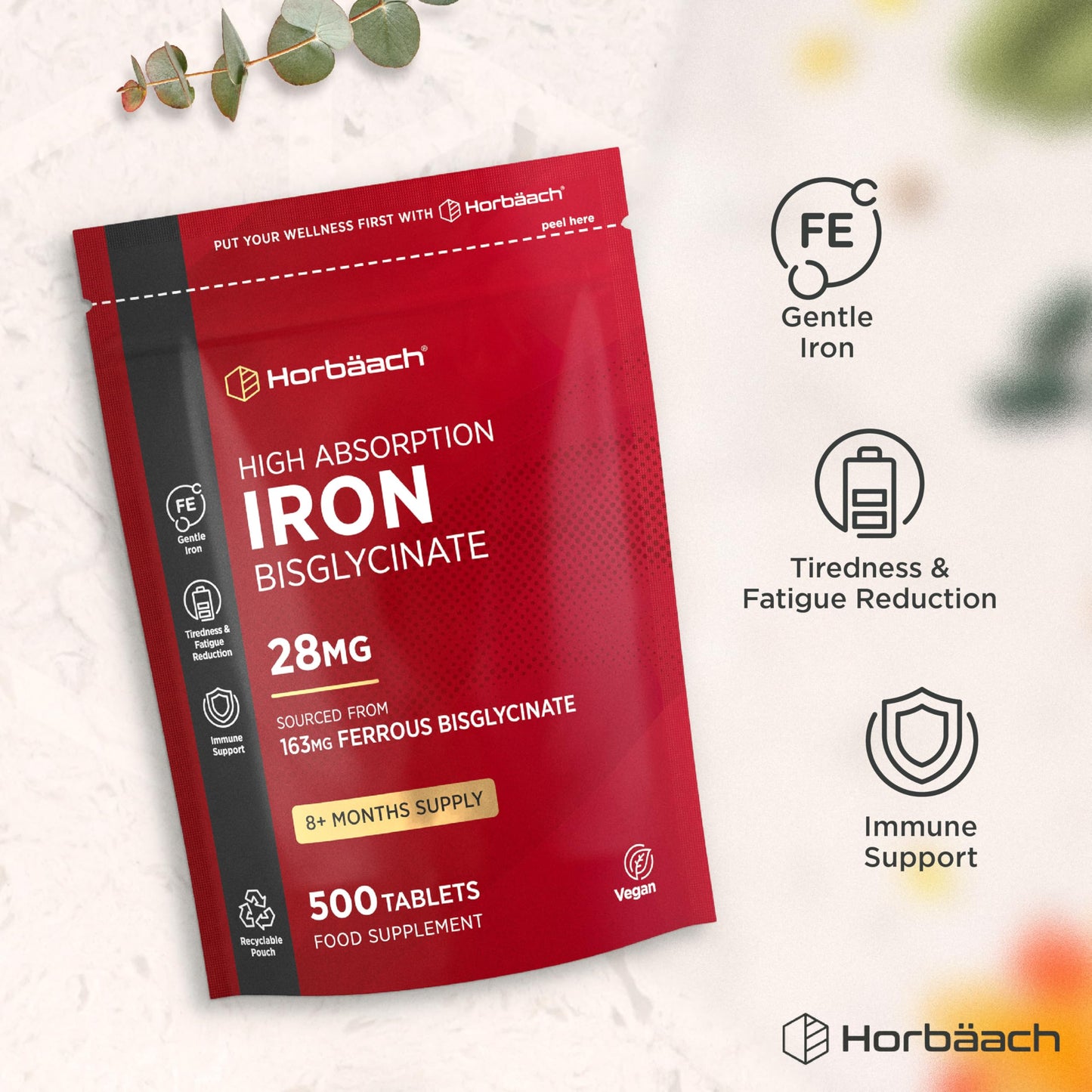 Horbäach Iron Tablets High Strength 28mg | 500 Tablets (8+ Months Supply) | Highly Bioavailable | Elemental Iron from 163mg Ferrous Bisglycinate | Vegan | Supplement for Men & Women | by Horbaach