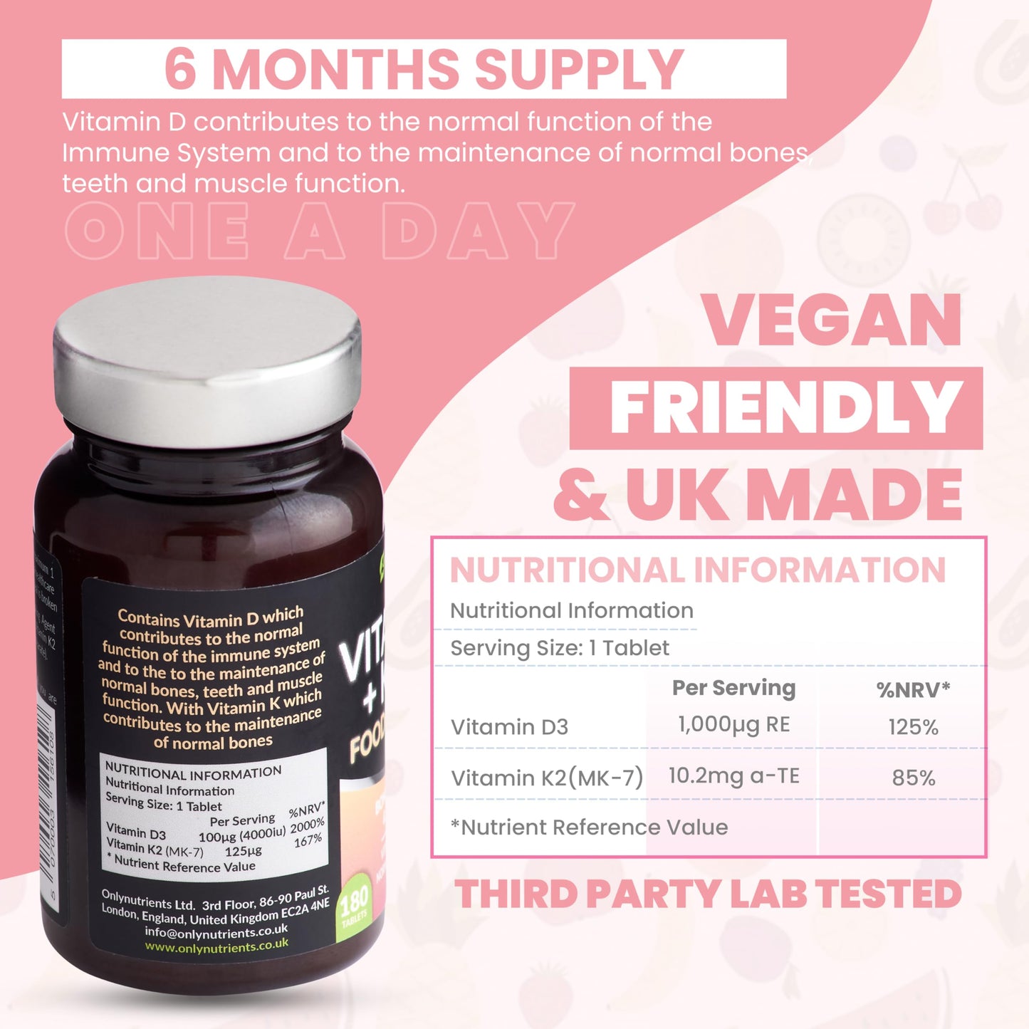 Only Nutrients | Vitamin D3 4000iu & Vitamin K2 125ug MK7 | 180 D3 K2 Enriched Vegetarian Tablets | Max Strength Supplement for Bone, Muscle & Immune System Support | UK Made Vitamin D Tablets