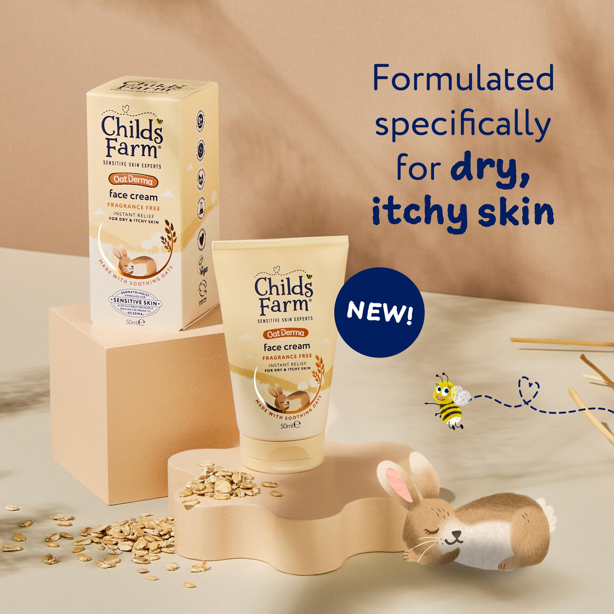 Childs Farm OatDerma Face Cream Moisturiser, Fragrance Free Hydration, Sensitive Skin Emollient, Soothe Baby Kids, 50ml