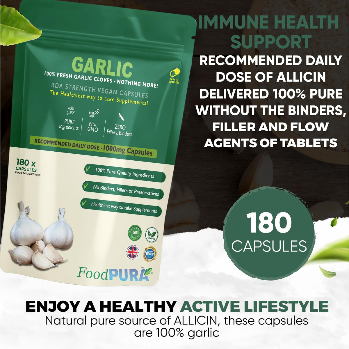 FoodPURA 180 X Pure Garlic Capsules Recommended Daily Strength 1000mg - Capsules are The SAFEST Way to take Any Supplement! HACCP Certified, Manufactured in The UK.