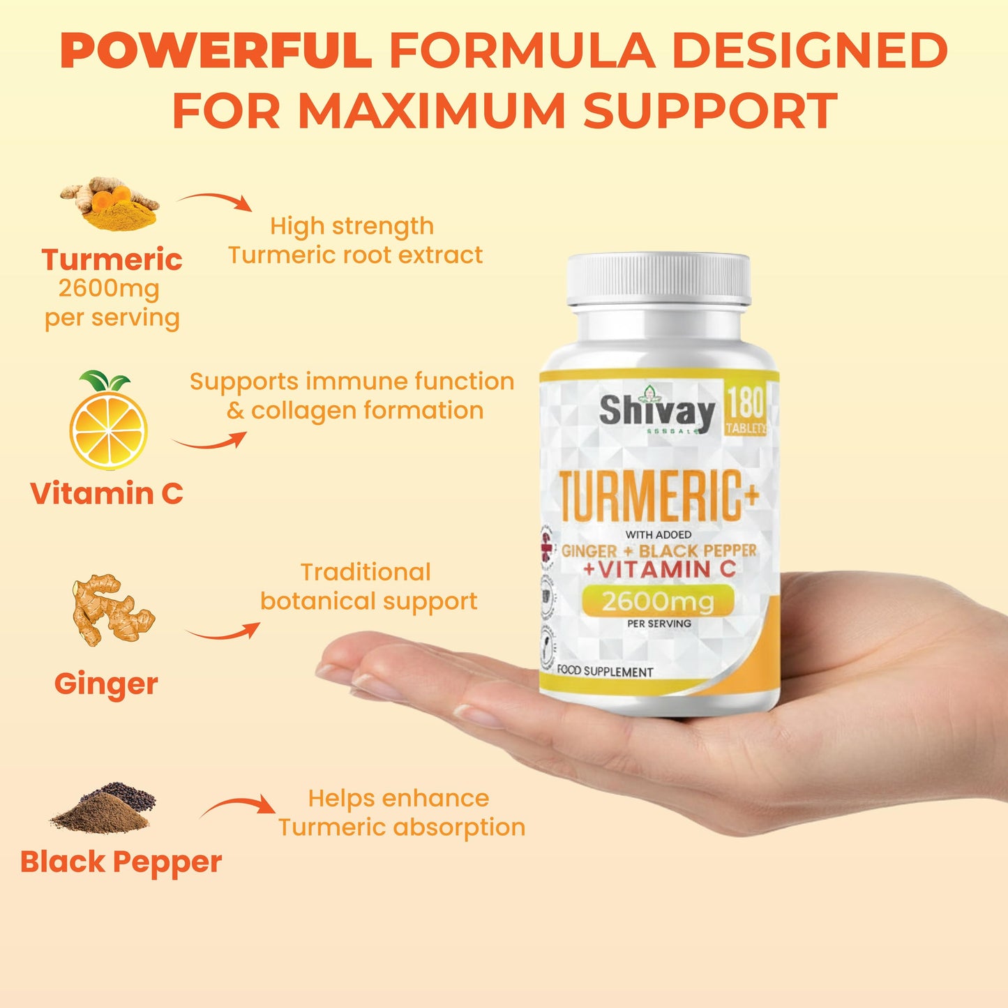 Turmeric Tablets 2600mg with Black Pepper & Ginger Boosted with Vitamin C | 180 High Strength Curcumin Supplements - 3 Month Supply Vegan Active Curcumin Made in The UK by Shivay Herbals