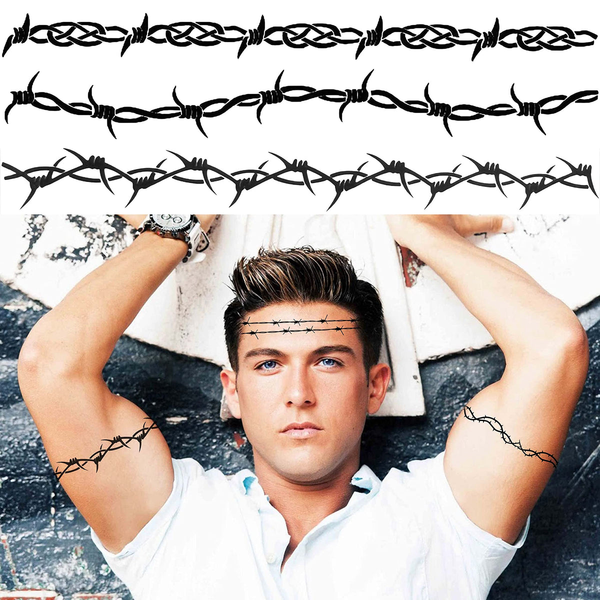 LAROI 7 Sheets Barb Wire Temporary Tattoos For Women Men Kids Adults, Halloween Barbed Wire Tattoo Sticker, Prison Inmate Prisoner Barbwire Tattoos, Fake Arm Tattoo Halloween Makeup Kit Costume Decals