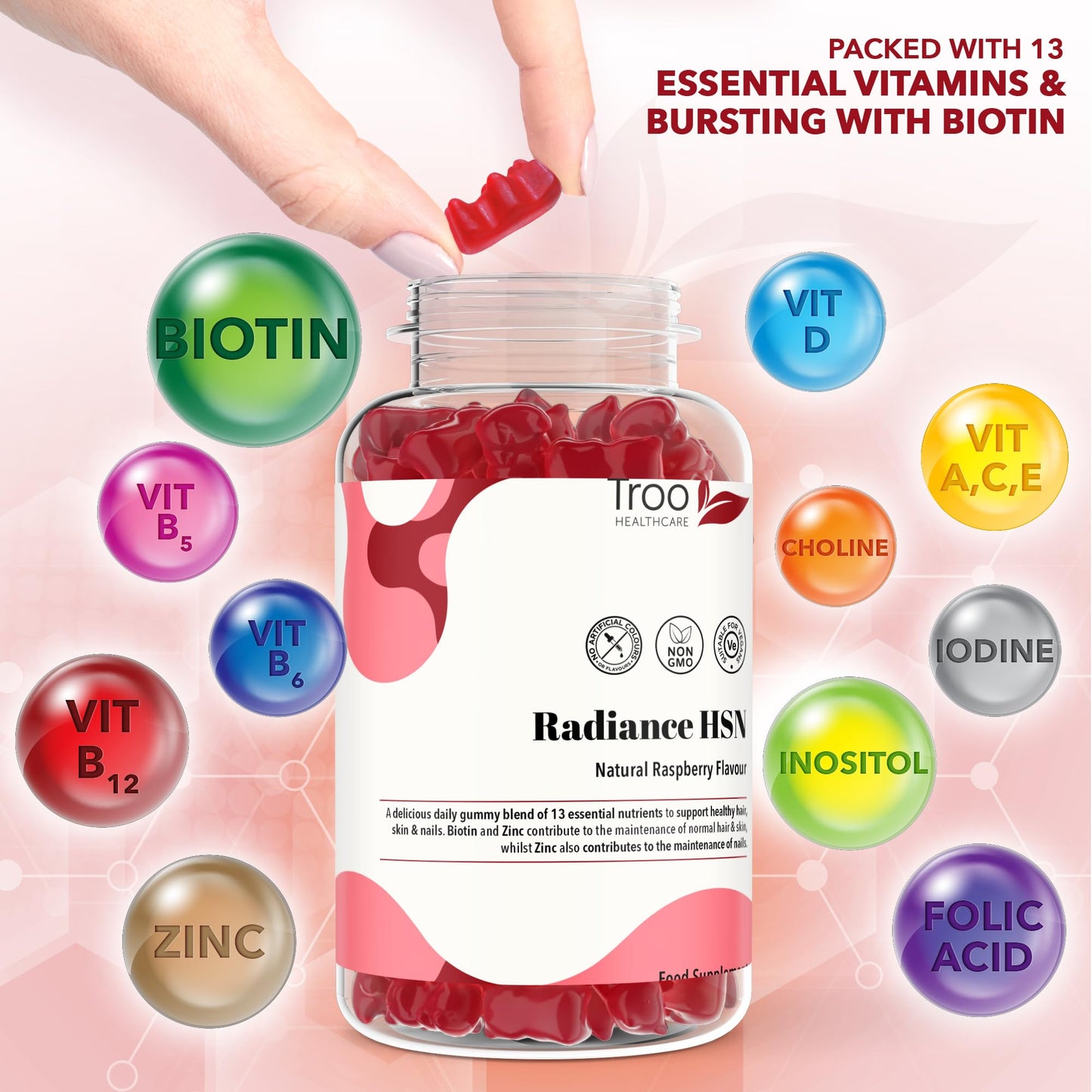 Troo Health Care Radiance HSN 60 Raspberry Flavour Gummies - Advanced Hair Skin & Nails Supplement for Men & Women - 13 Essential Nutrients Inlcuding Biotin