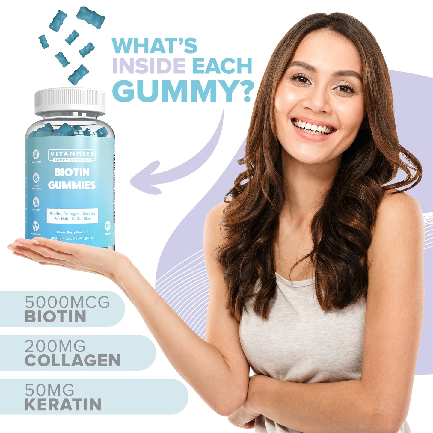 Vitammies Biotin Gummies 5000mcg for Hair, Skin, and Nails | Multivitamin for Women with Biotin, Keratin & Fish Collagen | Non Vegan | Anti-Aging | Gluten-Free | Plant-Based (60 Gummies)
