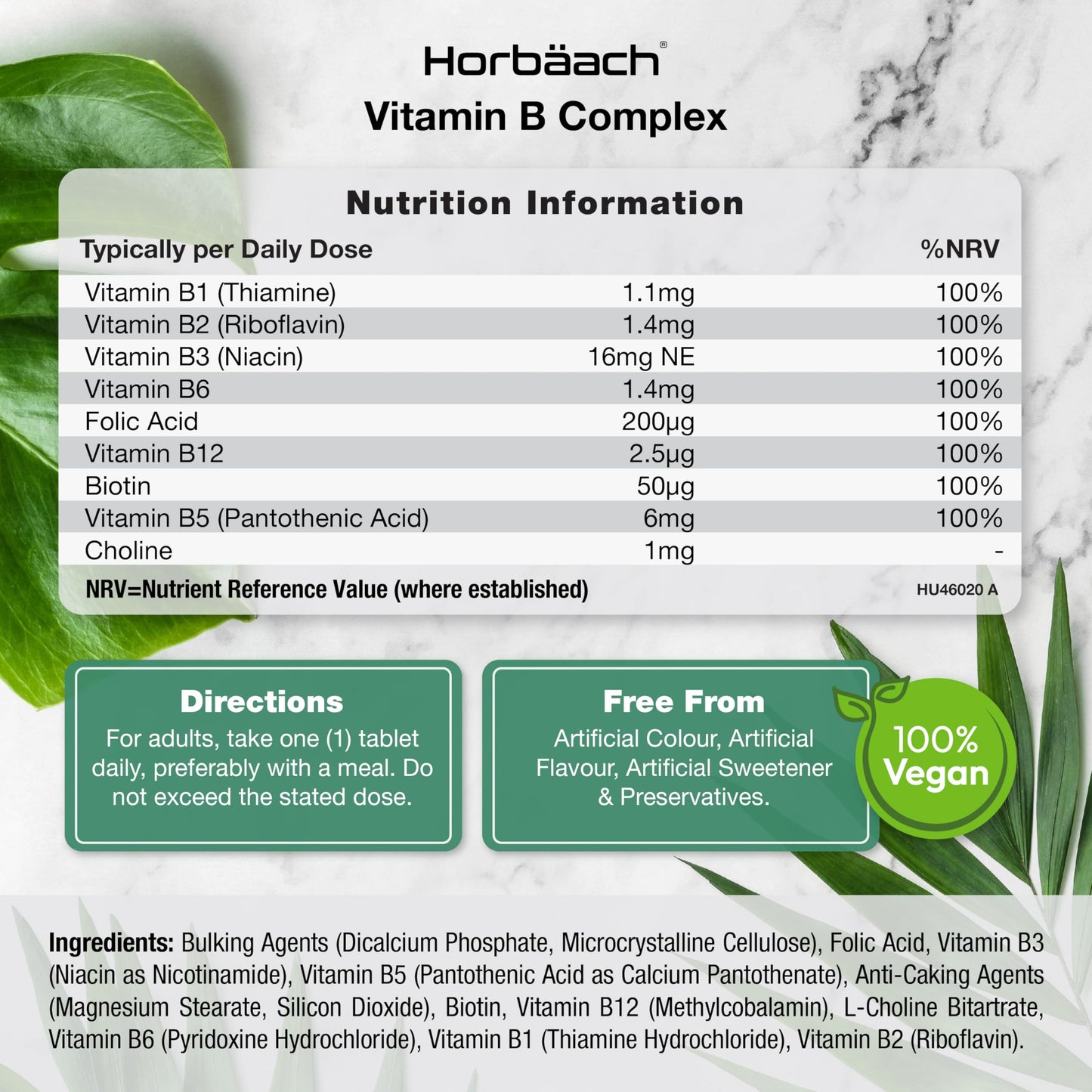 Horbäach Vitamin B Complex | 365 Tablets | 100% NRV of All B Vitamins B1, B2, B3, B5, B6, B12, Folic Acid and Biotin | Vegan Supplement | by Horbaach