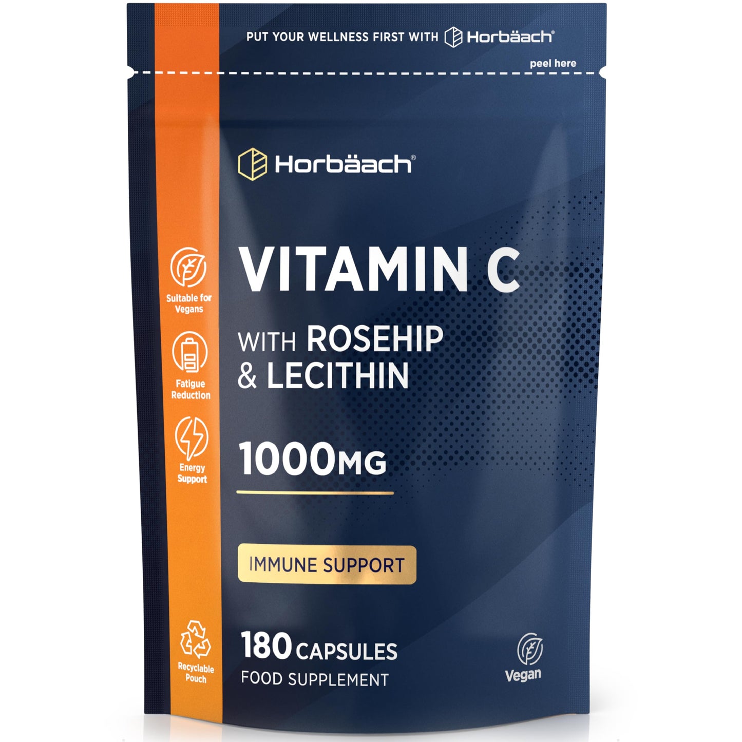 Horbäach Vitamin C 1000mg with Rosehip | 180 Capsules | High Strength Vitamin C as Ascorbic Acid with Added Rosehip and Sunflower Lecithin | Vegan Supplement | by Horbaach