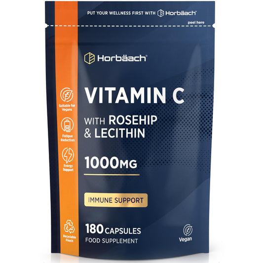 Horbäach Vitamin C 1000mg with Rosehip | 180 Capsules | High Strength Vitamin C as Ascorbic Acid with Added Rosehip and Sunflower Lecithin | Vegan Supplement | by Horbaach