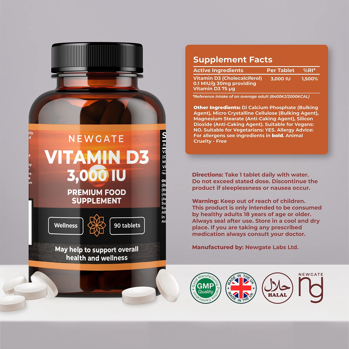 Newgate Labs Vitamin D3 3,000IU 90 High Strength Vegetarian Tablets - Nutritional Supplement - Fight Deficiency - Made in The UK - Halal - GMP Certified